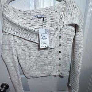 Zara White Off-the-Shoulder Sweater Knit